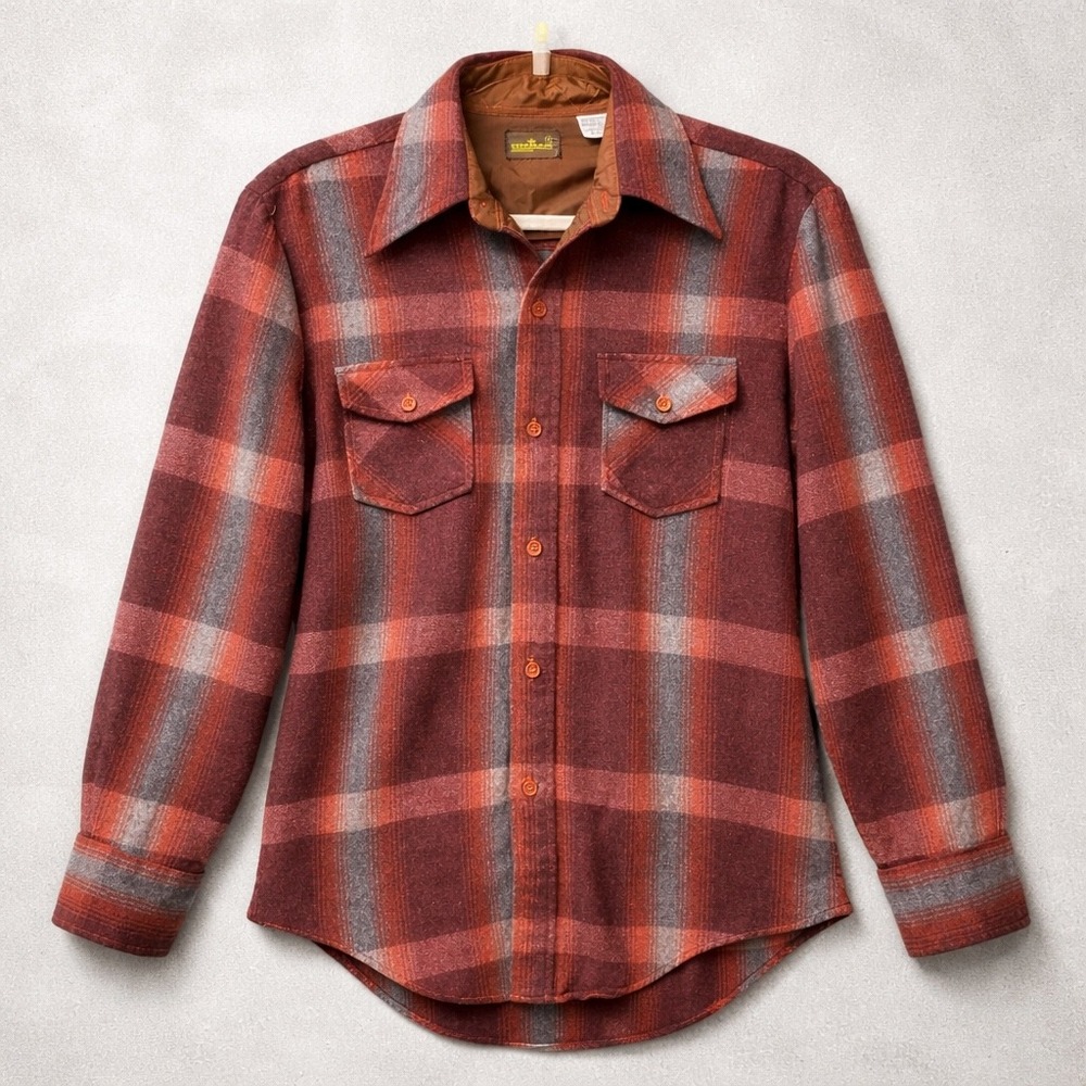 HITMAN Men Red Vintage Plaid Wool Blend Flannel Shirt Size Medium 90's Button-Up